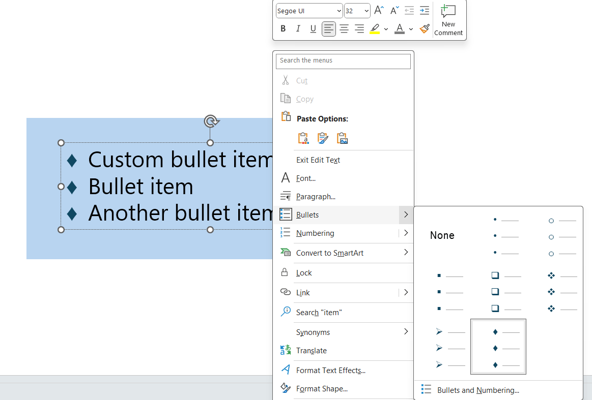 Example of using custom bullet points in PowerPoint, in this example using a rhombus icon