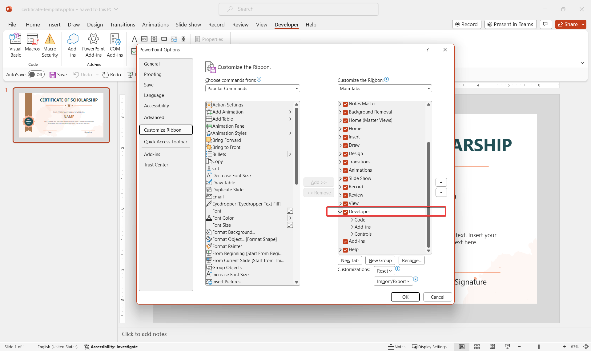 How to add Developers tab to PowerPoint Ribbon