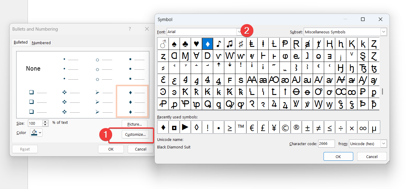 How to insert a rhombus character as a custom bullet point in PowerPoint bullet list