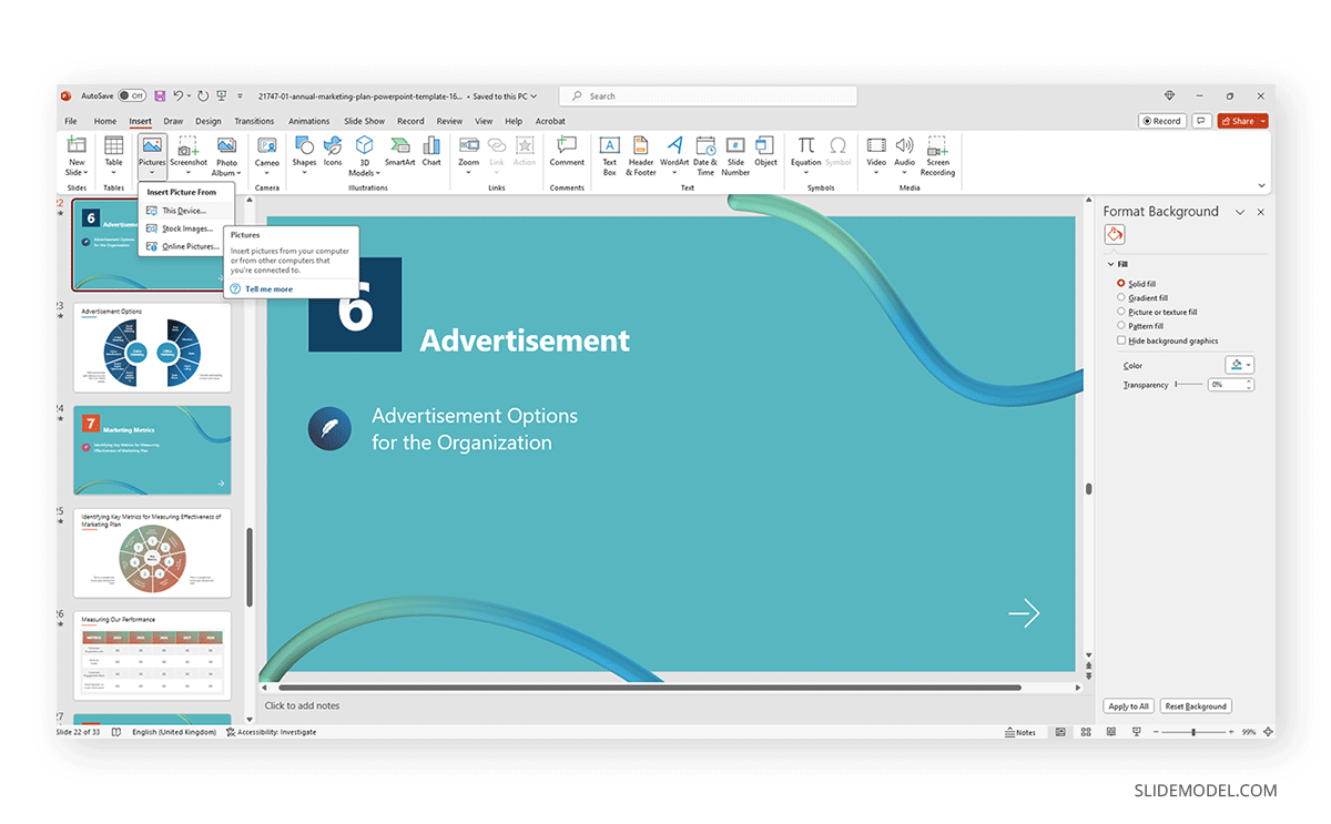 Inserting a picture into PowerPoint - Inserting an image from Canva into Annual Marketing Plan Slide template