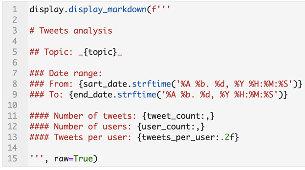 Source code showing how to use the markdown function to create text that dynamically inserts variables into the slide.