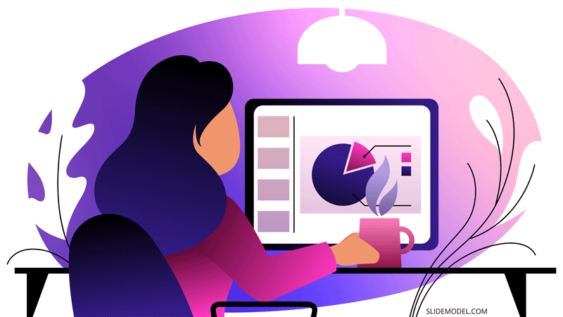 Illustration of a woman working in a computer and a pie chart design in an accessible presentation in PowerPoint.