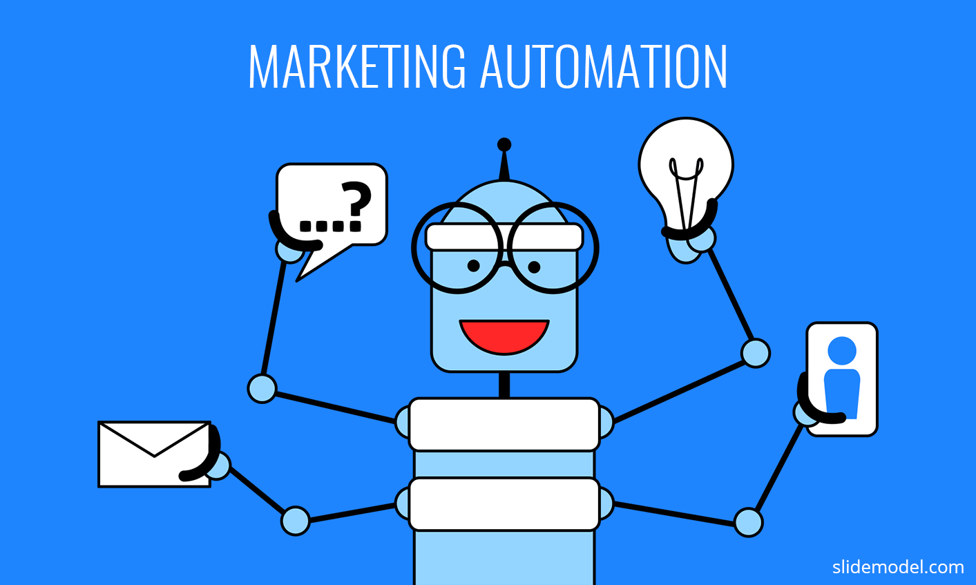 A robot design created as a metaphor of Marketing Automation with blue background