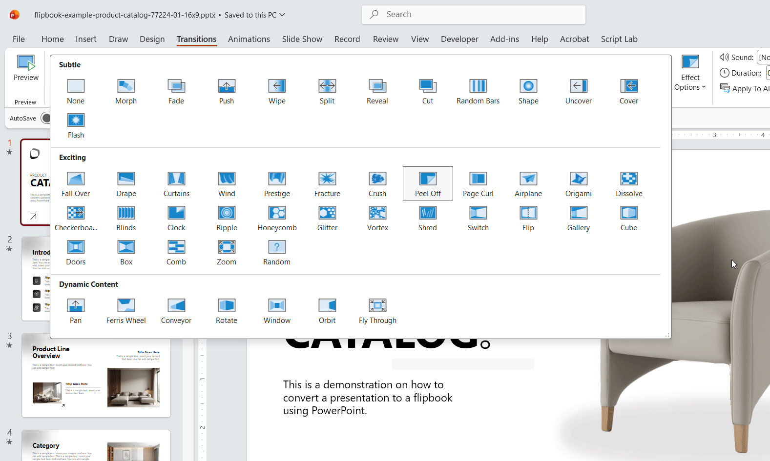 Options for transitions to create a flipbook in PowerPoint