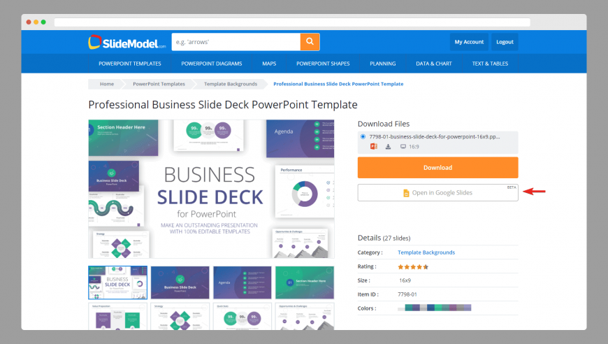 Example of a screenshot showing a product from SlideModel that has compatibility with Google Slides. You can learn more in Open in Google Slides article to understand how this feature works.