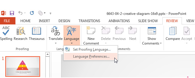 Review Ribbon Language Tab Set Proofing Language PowerPoint 2013