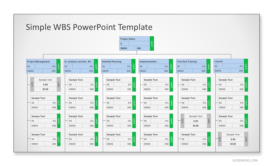 Example Work breakdown structure slide design for PowerPoint roadmaps