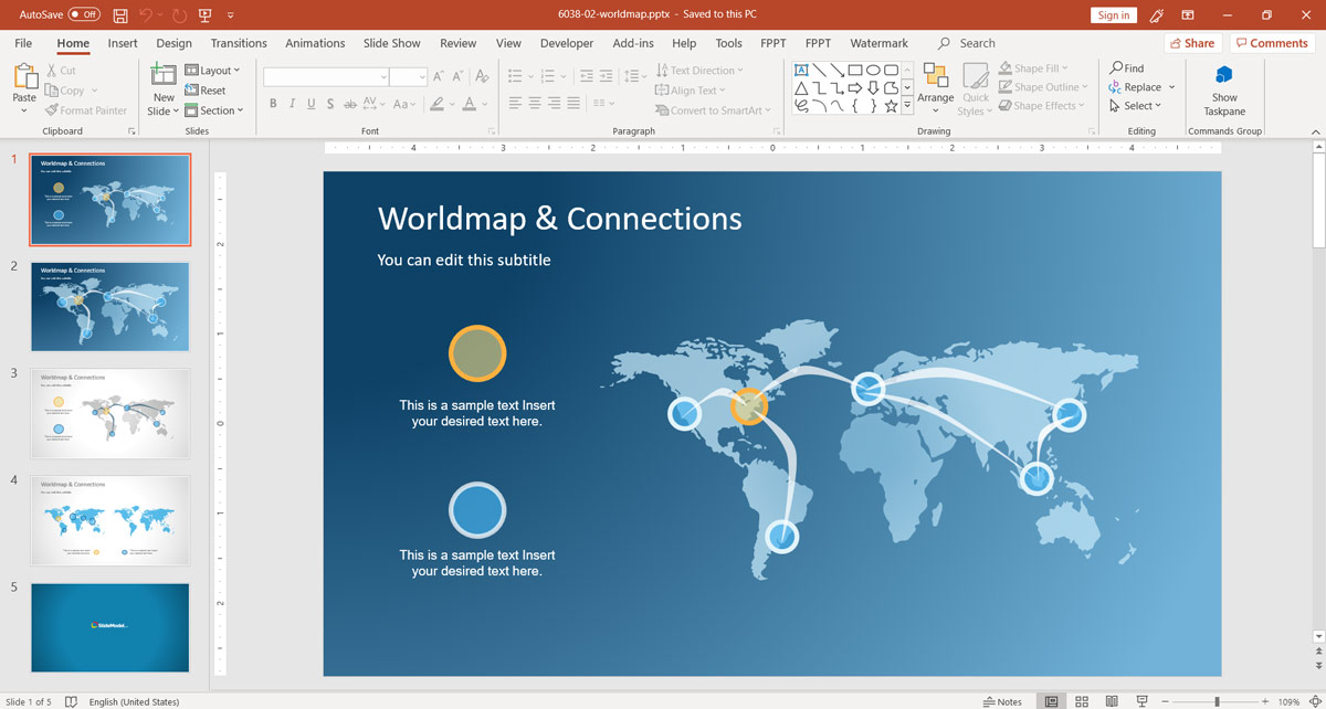 world map and connections powerpoint template